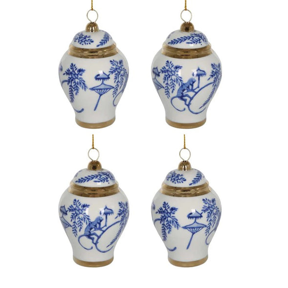 Set of 4 Blue and White Monkey Temple Jar Christmas Tree Decorations