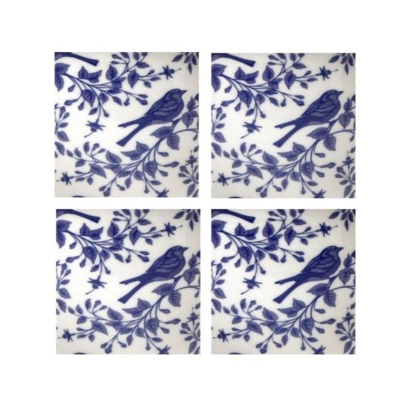 Set of 4 Indigo Blue and White Ceramic Little Bird Coasters