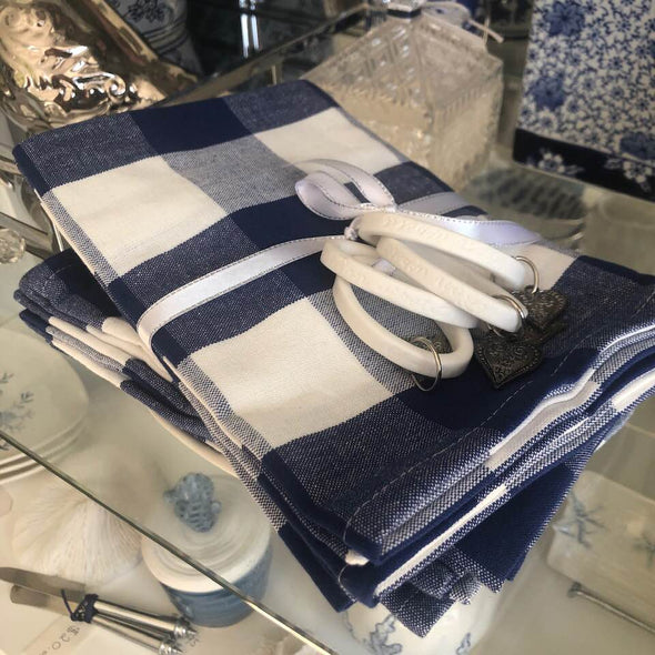 Table Set of 4 Royal Blue White Check Napkins Serviettes Cotton plus 4 Napkin Rings
