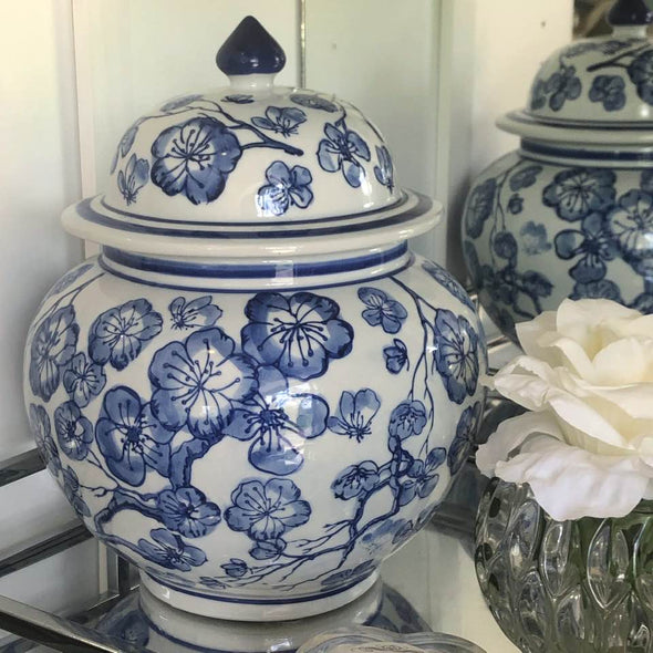 Blue and White Floral Temple Ginger Jar - 28 cm