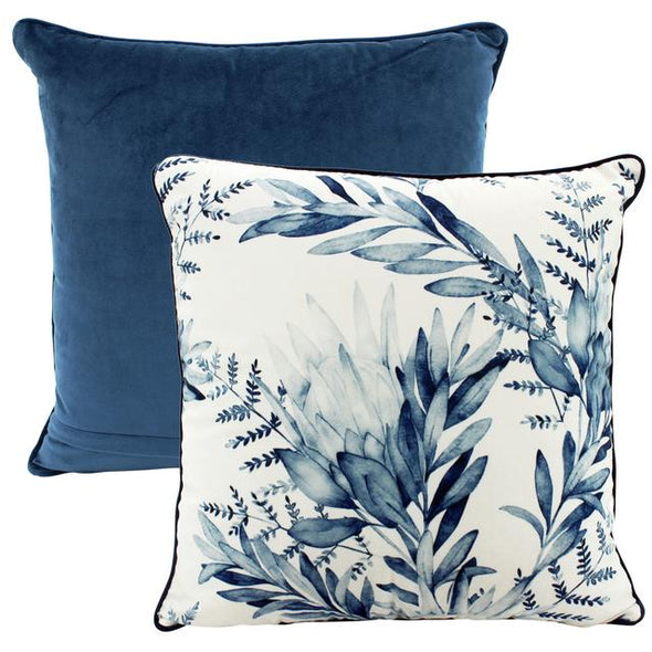 Blue and White Tropical Foliage Velvet Cushion - 50 x 50 cm