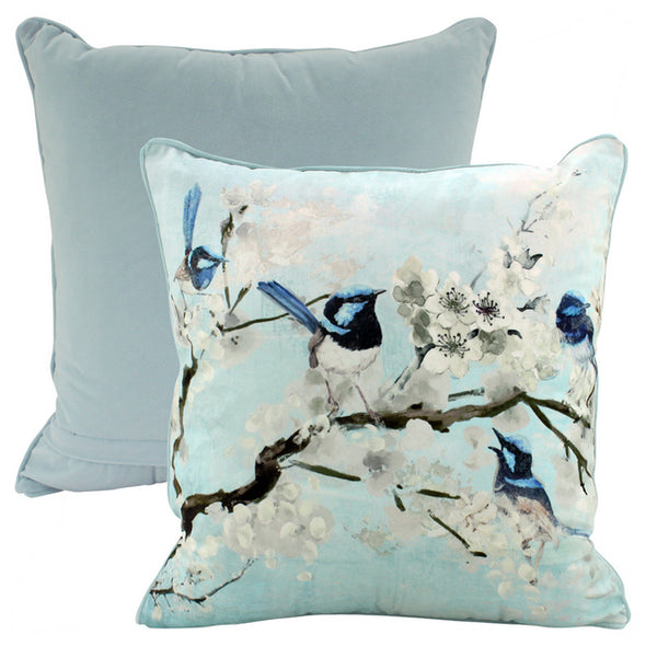 Blue Wren Velvet Cushion - 50 x 50 cm
