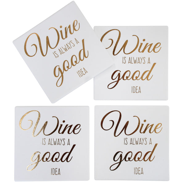 Set of 4 White and Gold Ceramic Wine Coasters