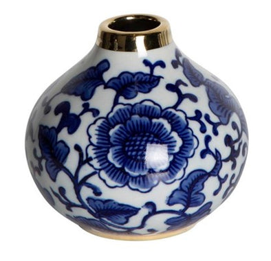 Blue and White Ceramic Bud Vase with Gold Trim