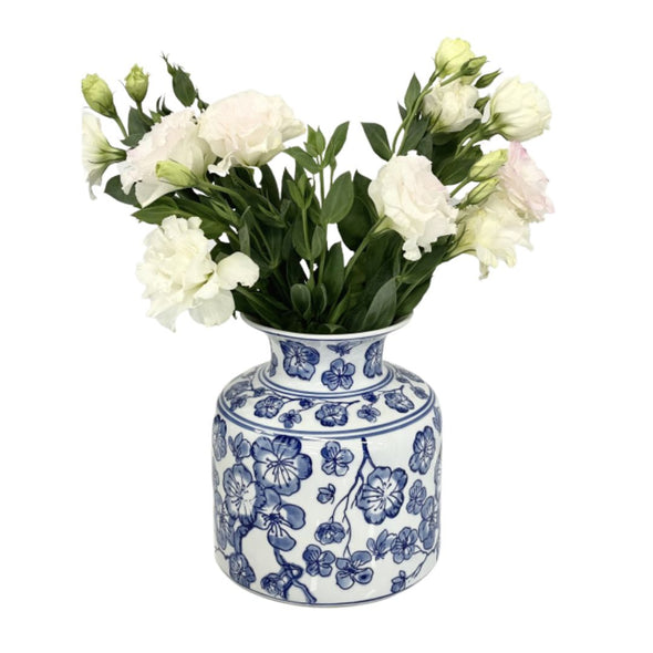 Blue and White Floral Ceramic Vase - 20 cm