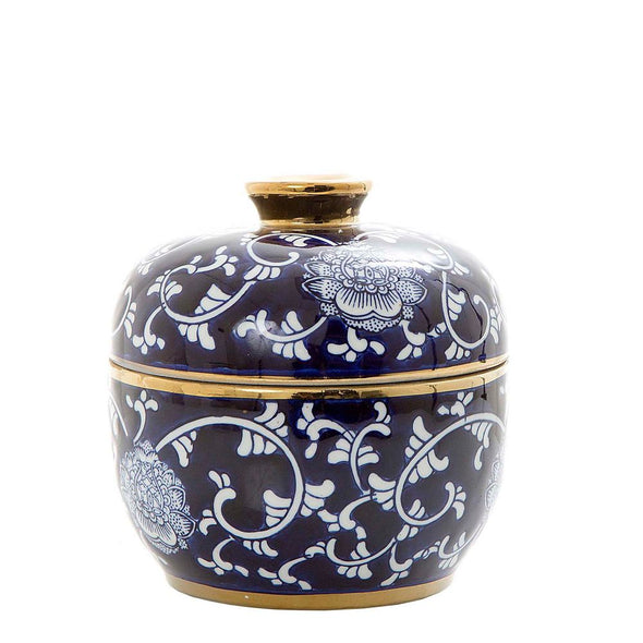 Indigo Blue and White Ceramic Ginger Jar with Gold Trim