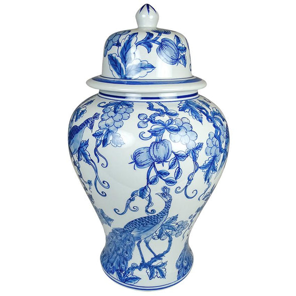 Hand Painted Peacock Temple Ginger Jar - 39 cm H