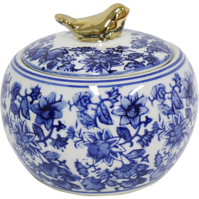 Blue and White Ceramic Jar with Gold Little Bird Lid