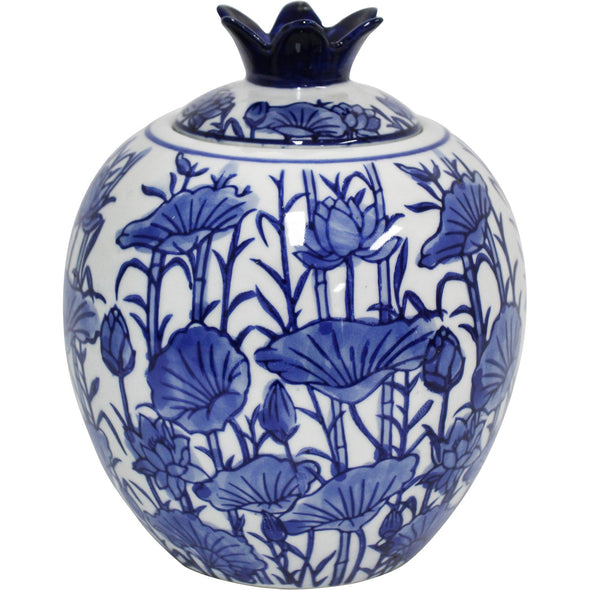 Water Lily Blue and White Round Ceramic Jar