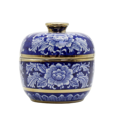 Royal Blue and White Peony Ginger Jar with Gold Trim - 11 cm