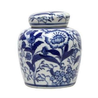 Blue and White Ginger Jar with Flat Top - 15 cm H