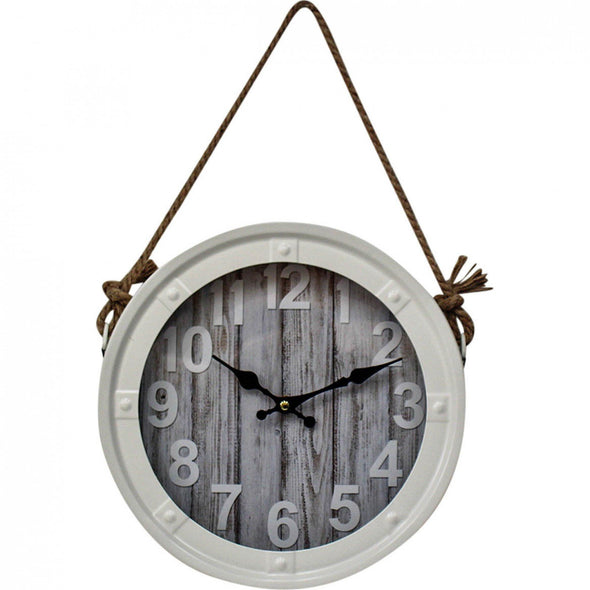 Hanging Round Wall Clock with Rope Rustic Hamptons Coastal Decor 28 cm