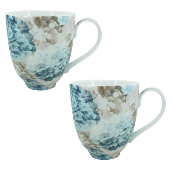 Set of 2 Blue and White Hydrangea Tea or Coffee Mug