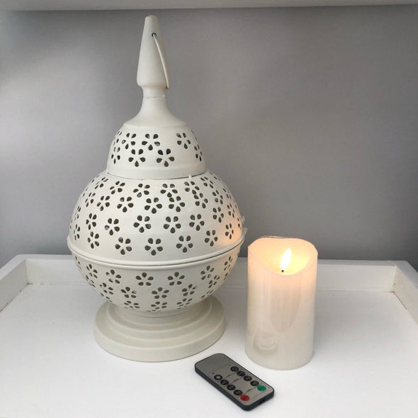 Lace-cut Metal Lantern - White - 35 cm and 12.5 cm LED Pillar Candle with Remote