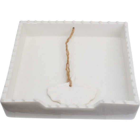 White Ceramic Napkin Holder with Gingko Leaf Weight
