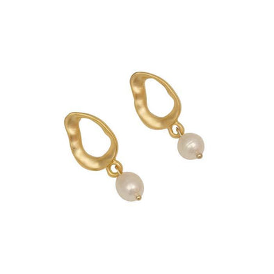 Brushed Gold Hoop and Freshwater Pearl Earrings